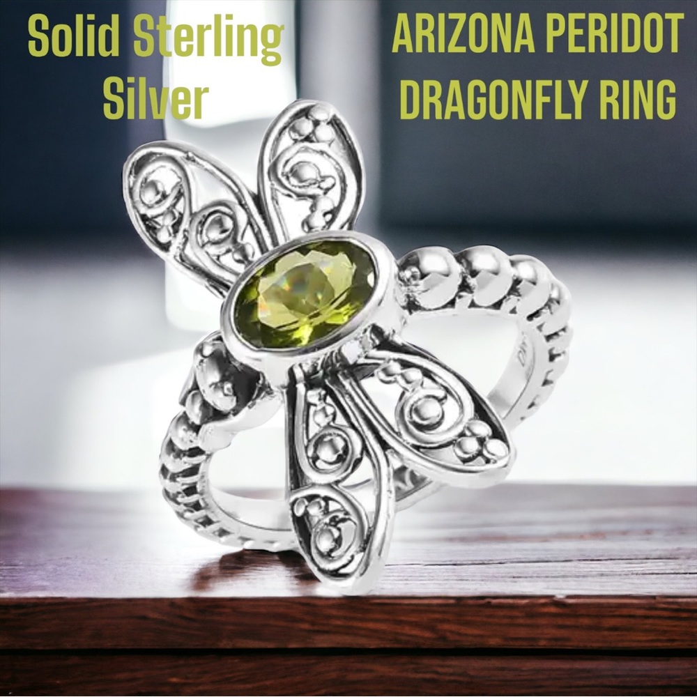 SS#15 Arizona Peridot Dragonfly Ring In Solid Sterling Silver Size 8.75 NWOT